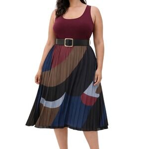 Edera Women 2X Pleated Midi Skirt Abstract Geometric Navy Burgundy Brown Elastic